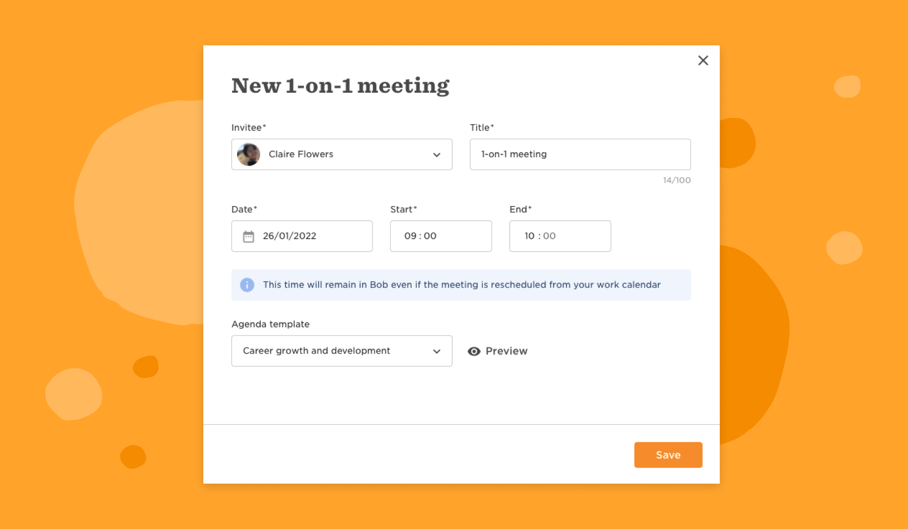 new meeting scheduler interface, 1-on-1 meeting details with invitee and agenda options in vibrant orange background
