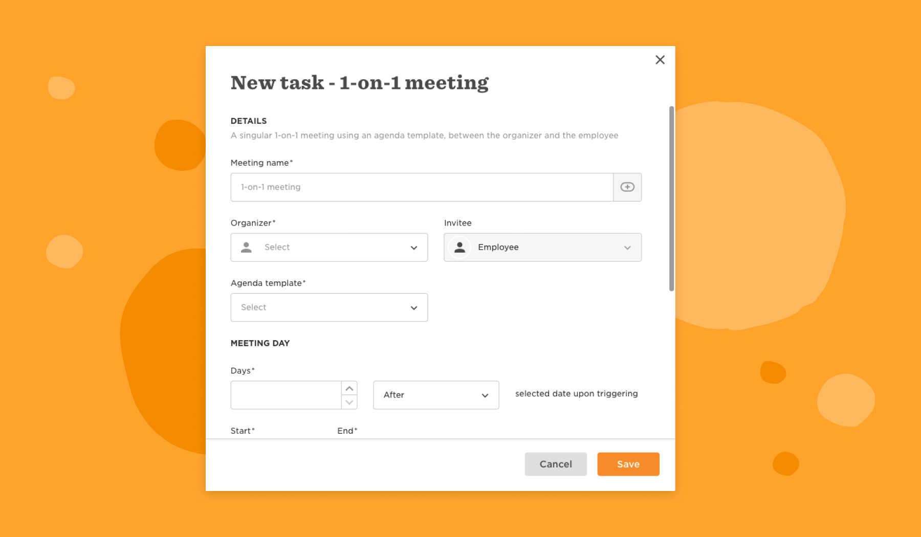 new task form for 1-on-1 meetings with sections for meeting name, organizer, invitee, agenda, and timing options, user-friendly interface with vibrant orange background and clear text labels for meeting setup.