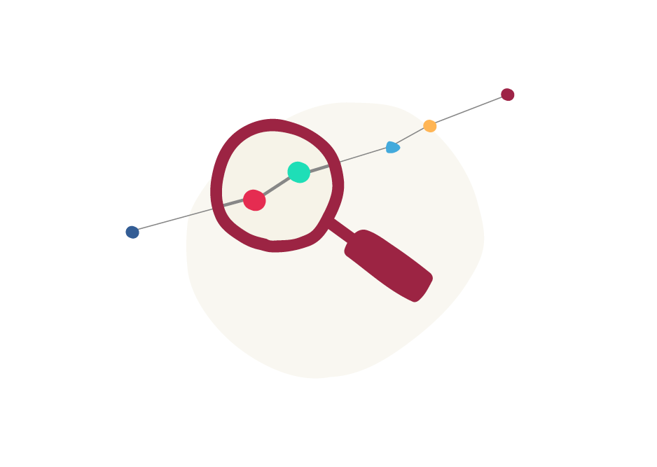magnifying glass over a line graph with colorful data points, data analysis concept depicting search and insights