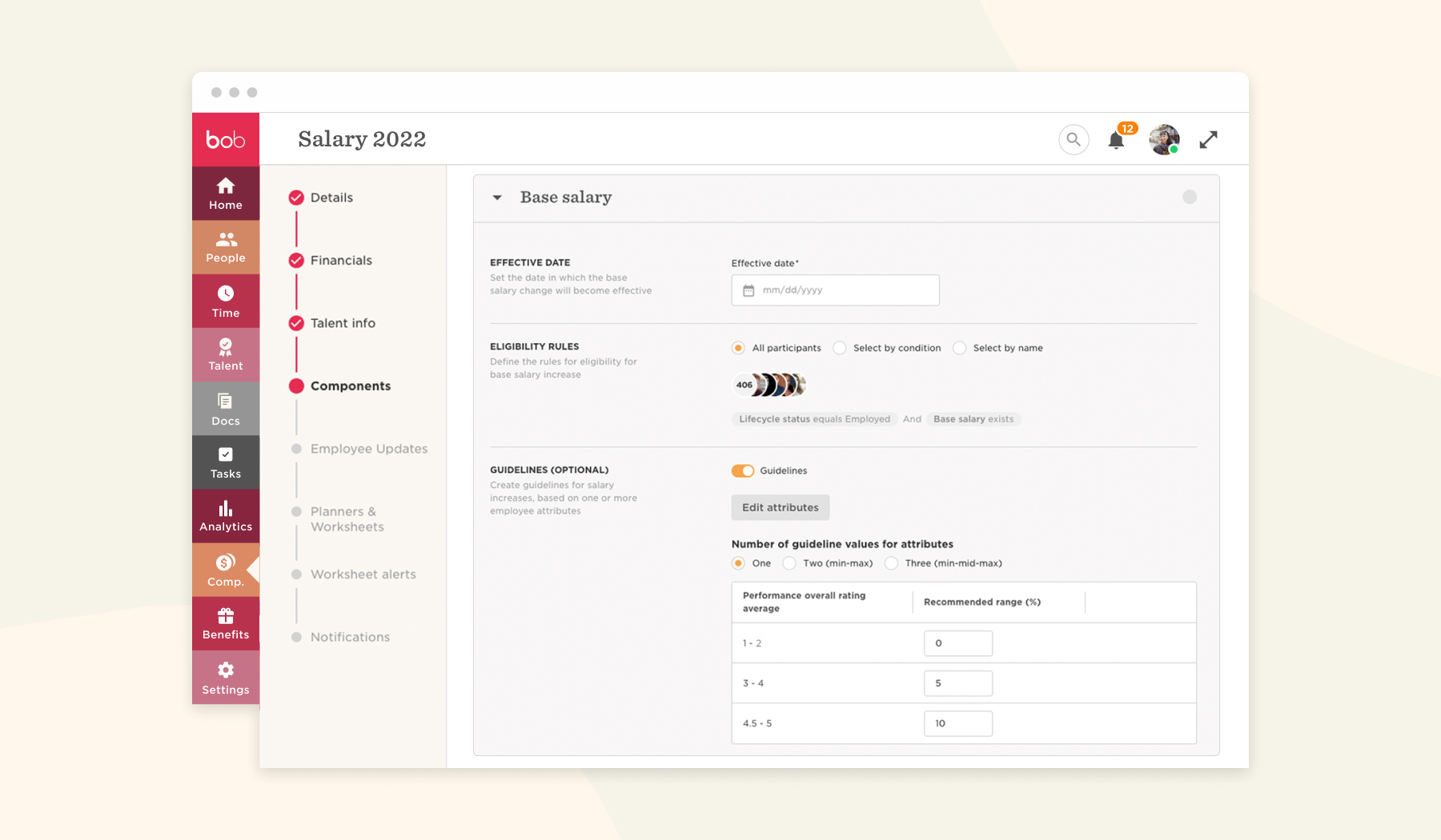 salary management interface, employee compensation guidelines and eligibility settings