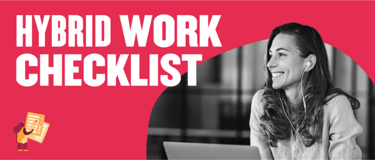 hybrid work checklist, woman smiling with earphones at a desk, colorful background, digital productivity elements