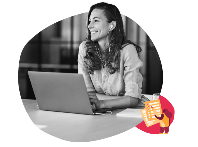 working professional, smiling woman with laptop and earphones