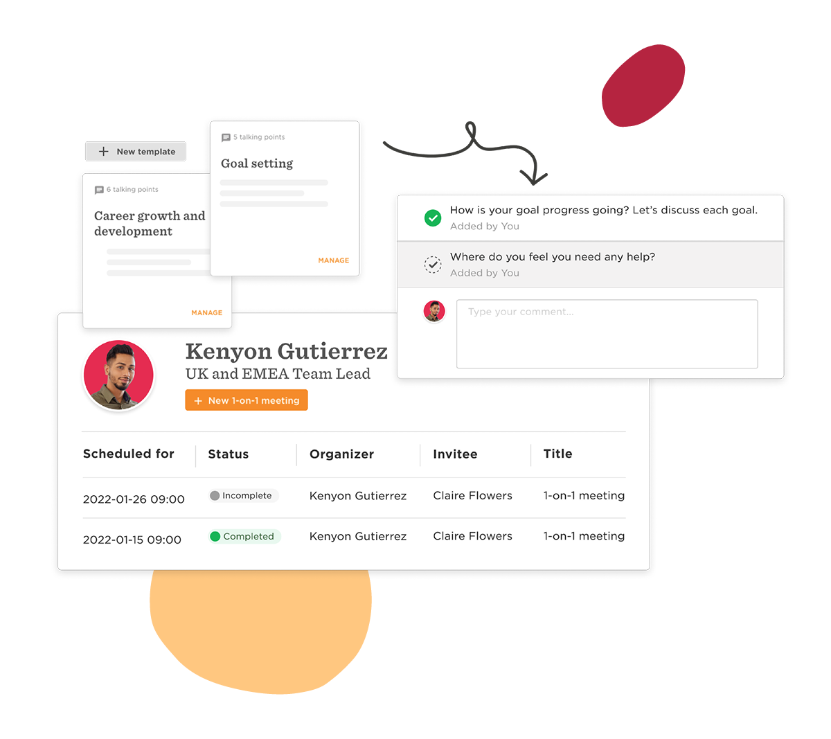 Kenyon Gutierrez's team meeting dashboard with goal-setting and feedback sections highlighted for performance reviews, 1-on-1 meeting scheduling overview with tasks and comments sections for effective communication