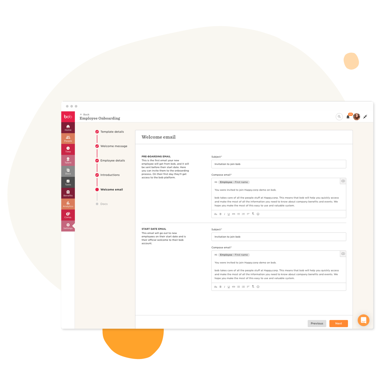 employee onboarding interface with pre-boarding and start date email templates for new hires, welcome email page with editing tools