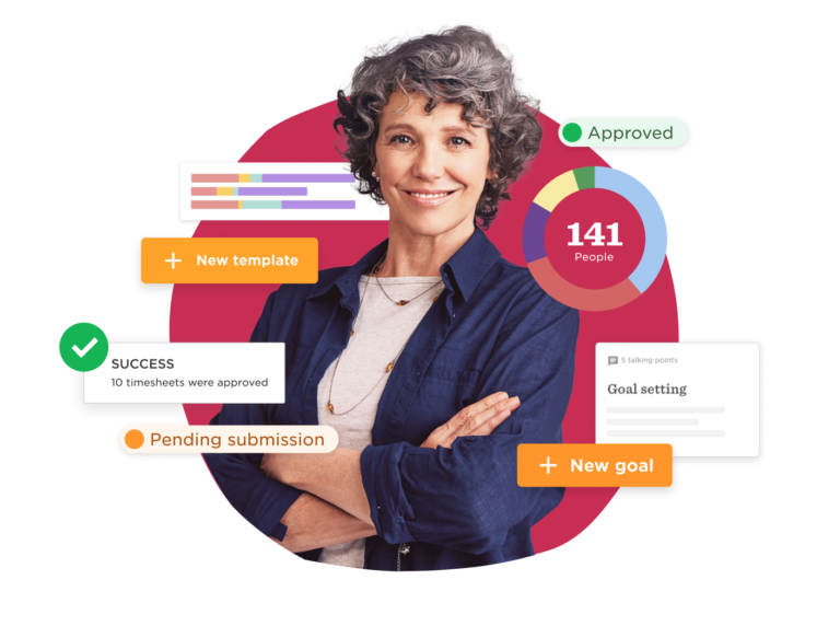 successful professional with 141 people,, dashboard interface showing approvals, submissions, and goal setting updates
