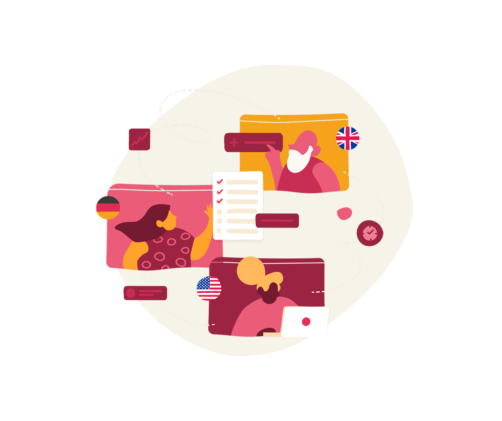 digital teamwork collaboration, illustration of diverse characters with flags, checklist, and dialogue bubbles