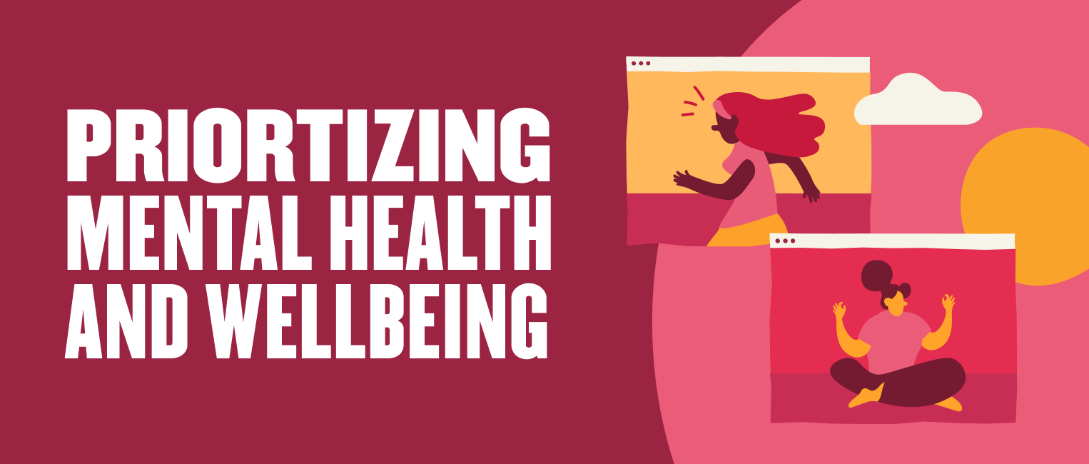 prioritizing mental health graphics, wellbeing illustrations with diverse characters promoting self-care activities