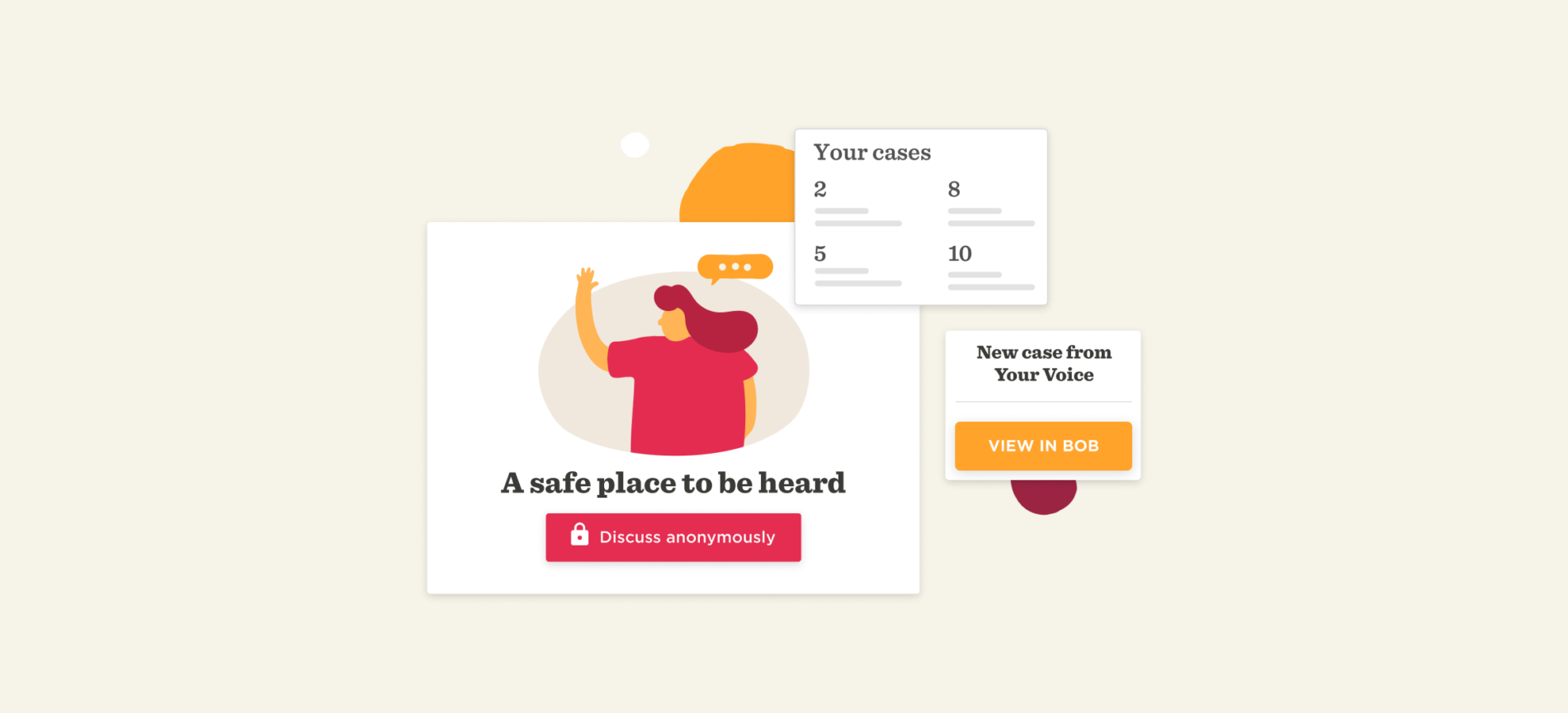 safe place to be heard with character raising hand, discuss anonymously and view new cases from Your Voice