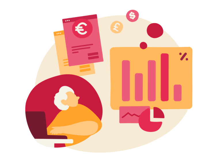 woman analyzing financial data, graphs and currency symbols illustrating accounting concepts
