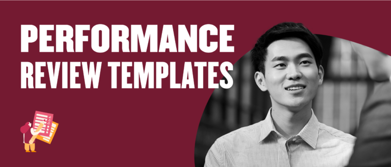 performance review templates, smiling young man in striped shirt engaged in discussion on a maroon background