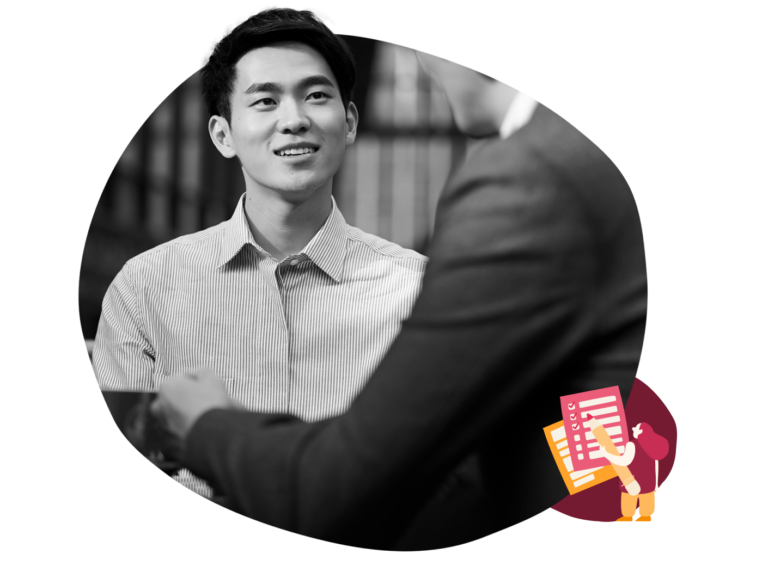 professional conversation, man in striped shirt engaged in discussion with a suited individual, vibrant illustrated elements