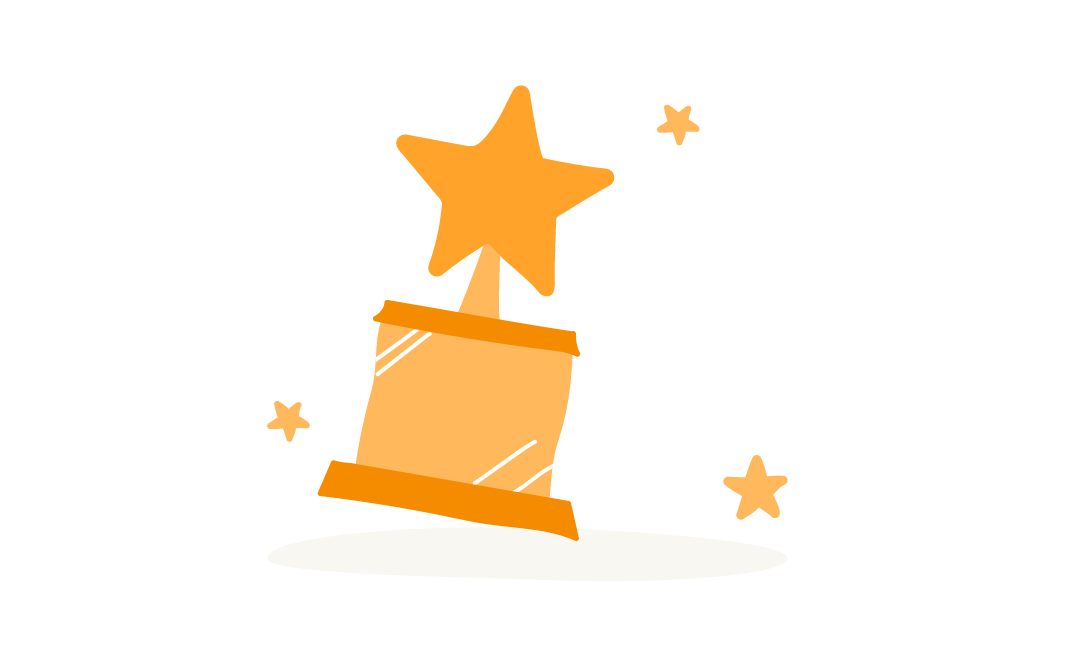 trophy with star on top surrounded by small stars, bright orange color, representing achievement and celebration, trophy award design for recognition and success