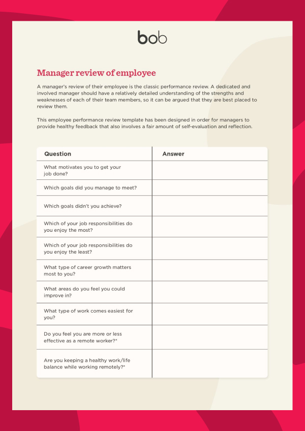 A screenshot of HiBob's employee performance review template