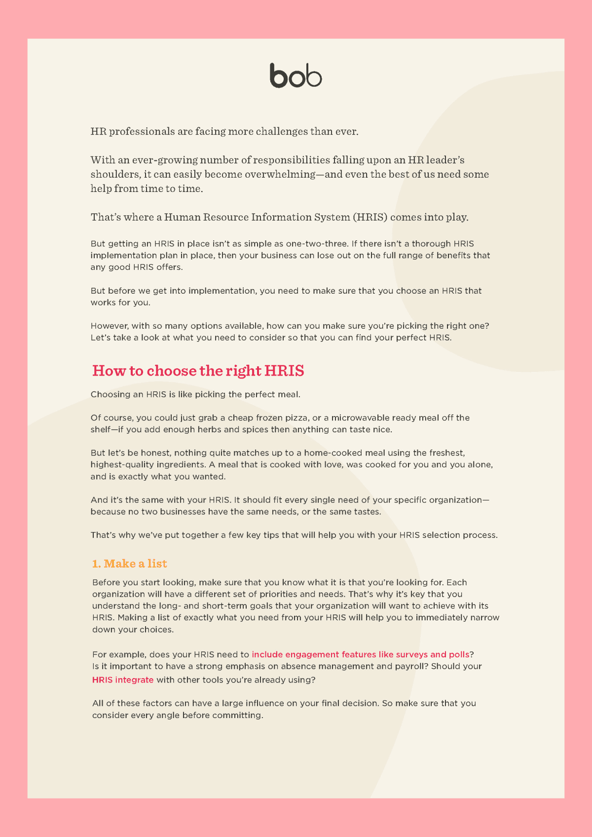 A screenshot of HiBob's HRIS implementation plan template for your company