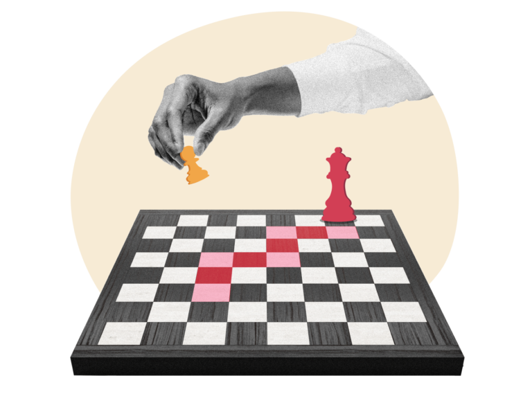 chess game hand moving orange pawn, red king on chessboard with highlighted squares, strategic gameplay concept