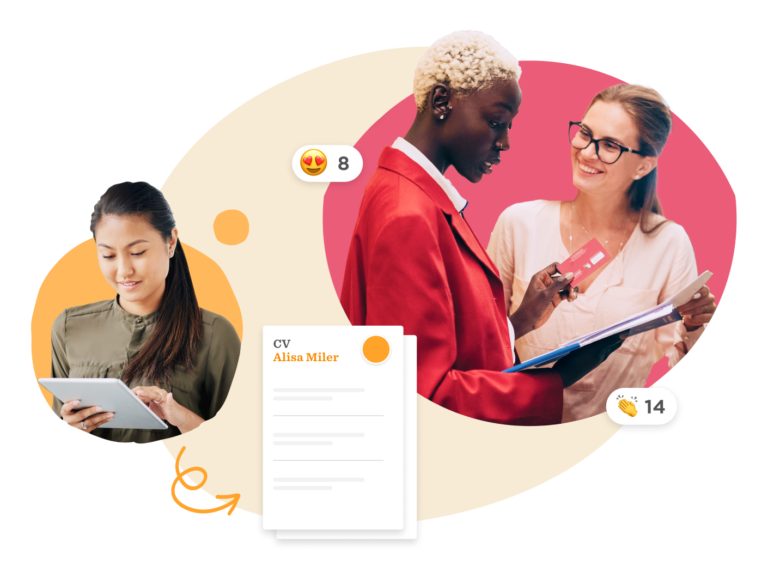 woman-reading-tablet, two-women-discussing-resume