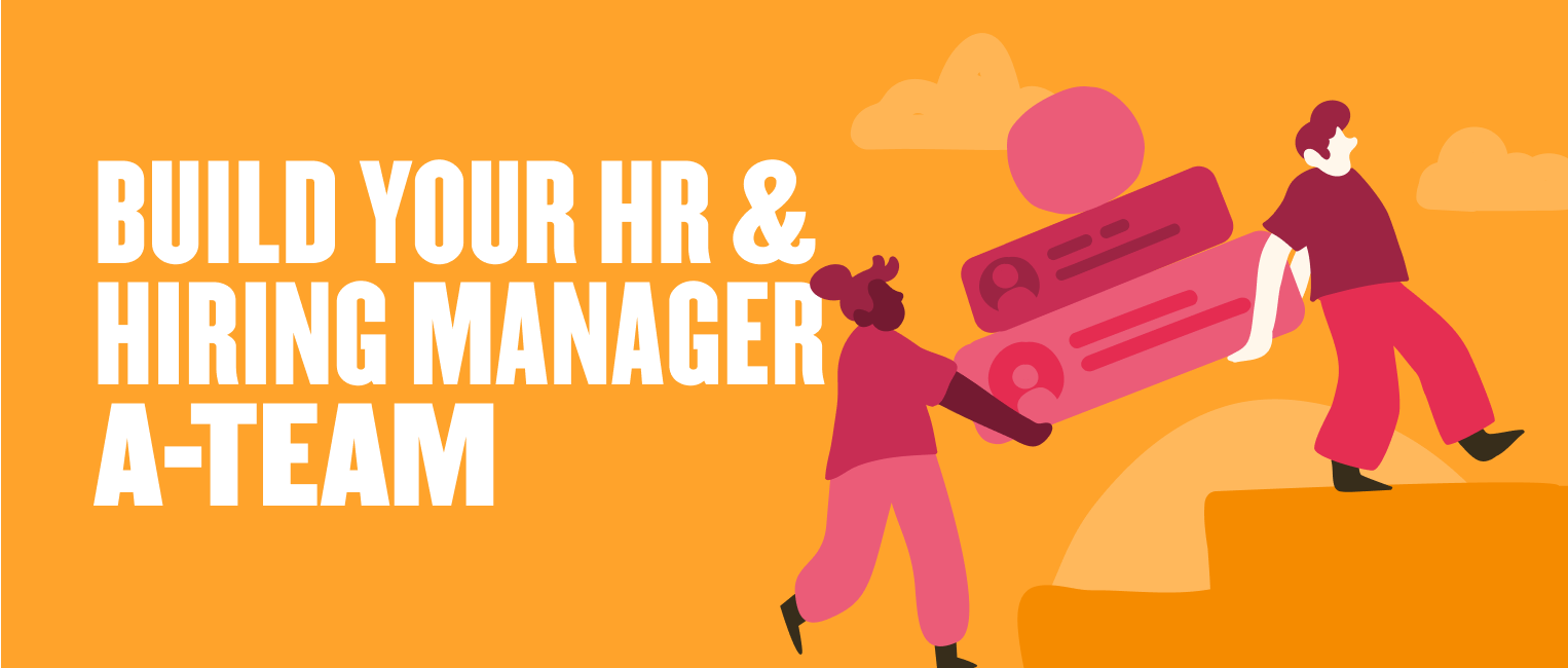 build your HR team graphic with two characters carrying chat bubbles on an orange background, collaborative hiring concept illustration