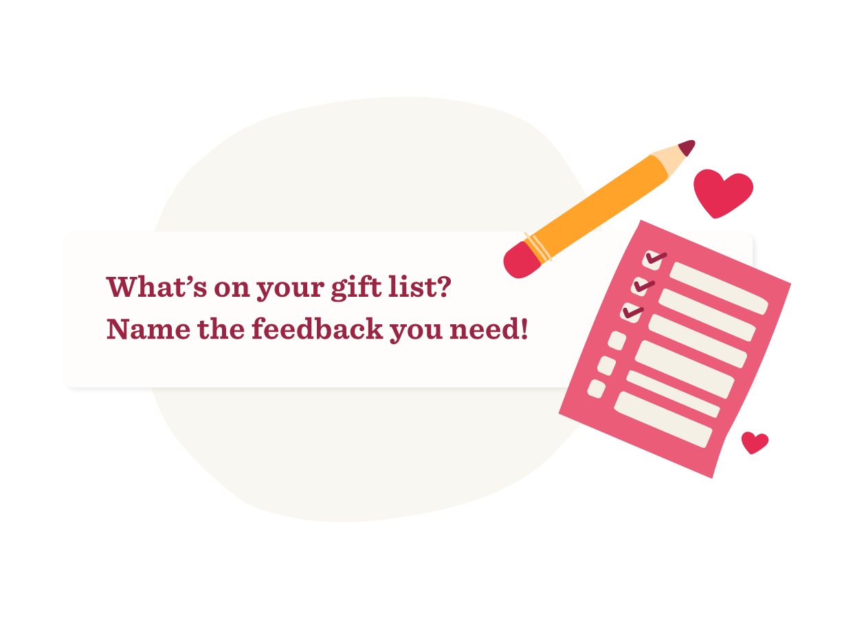 gift list feedback request with pink checklist and pencil illustrating gift planning, creative gift planning image design
