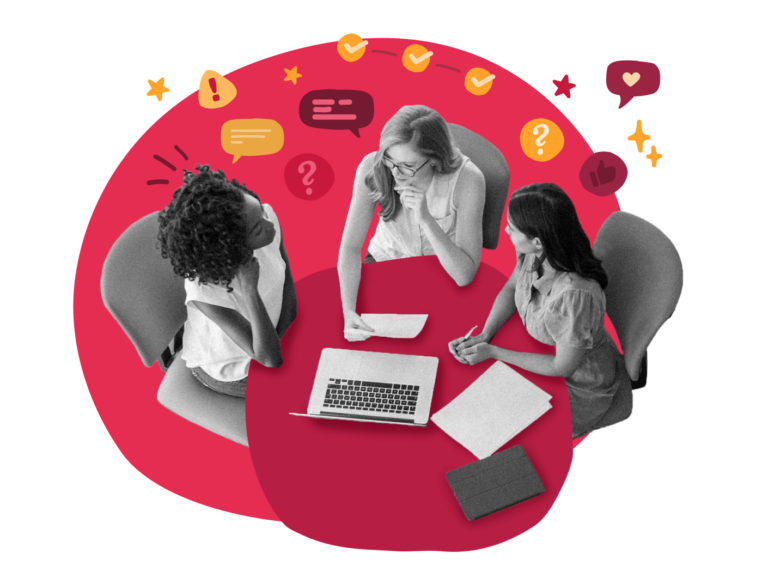 three women collaborating at a table with a laptop and papers, discussing with colorful speech bubbles around them, diverse team engaged in creative brainstorming session