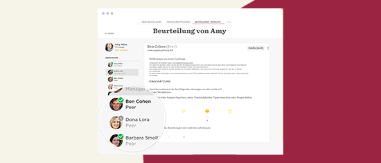 Beurteilung von Amy, zeigt Peer-Feedback von Ben Cohen, Dona Lora, und Barbara Smoll auf einer Bewertungsplattform., Beurteilung, Peer-Feedback