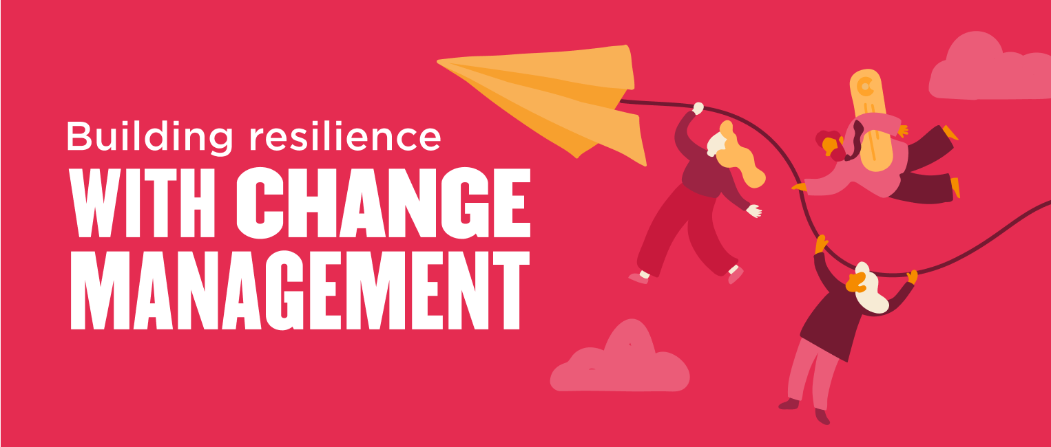 Building resilience graphic illustrating diverse individuals engaging with a dynamic paper airplane on a vibrant red background., change management, resilience illustration