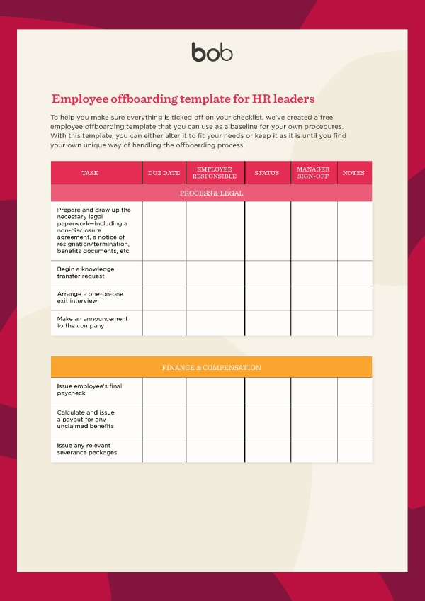 A screenshot of HiBob's employee offboarding checklist template