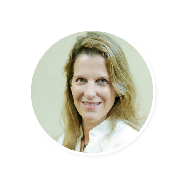 smiling woman with long hair in white shirt, circular frame, soft background, professional headshot with friendly expression