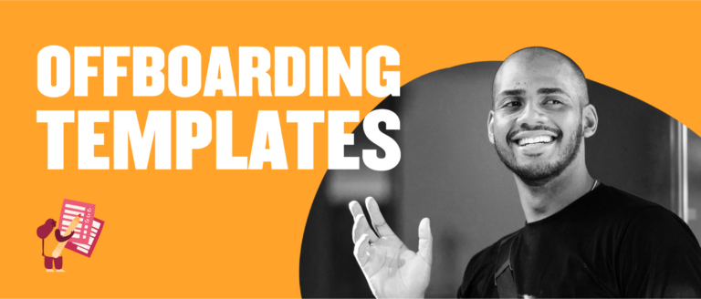 offboarding templates with smiling man gesturing; vibrant orange background enhances text readability, smiling man engaging with templates