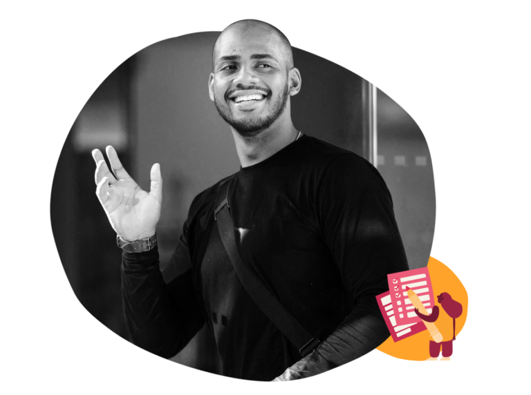 smiling man in black shirt waving hand, modern interior background, graphic elements with forms and notes, cheerful expression, stylish look