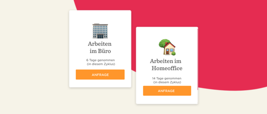 Arbeiten im Büro und Homeoffice Vergleichskarten mit Icons, Informationen über Tage und Anfrage-Button., Büro, Homeoffice