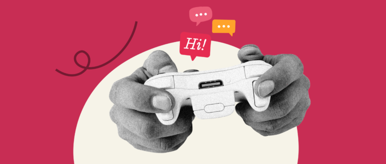 hands holding a game controller with speech bubbles saying "Hi!" on a vibrant red background, gaming controller interaction illustration