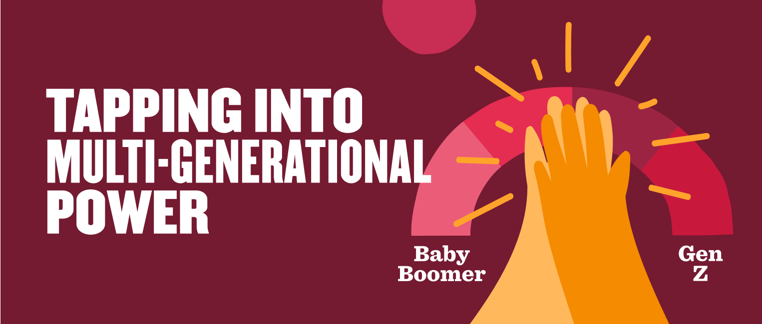 tapping into multi-generational power, illustration of hands representing Baby Boomers and Gen Z on a colorful background