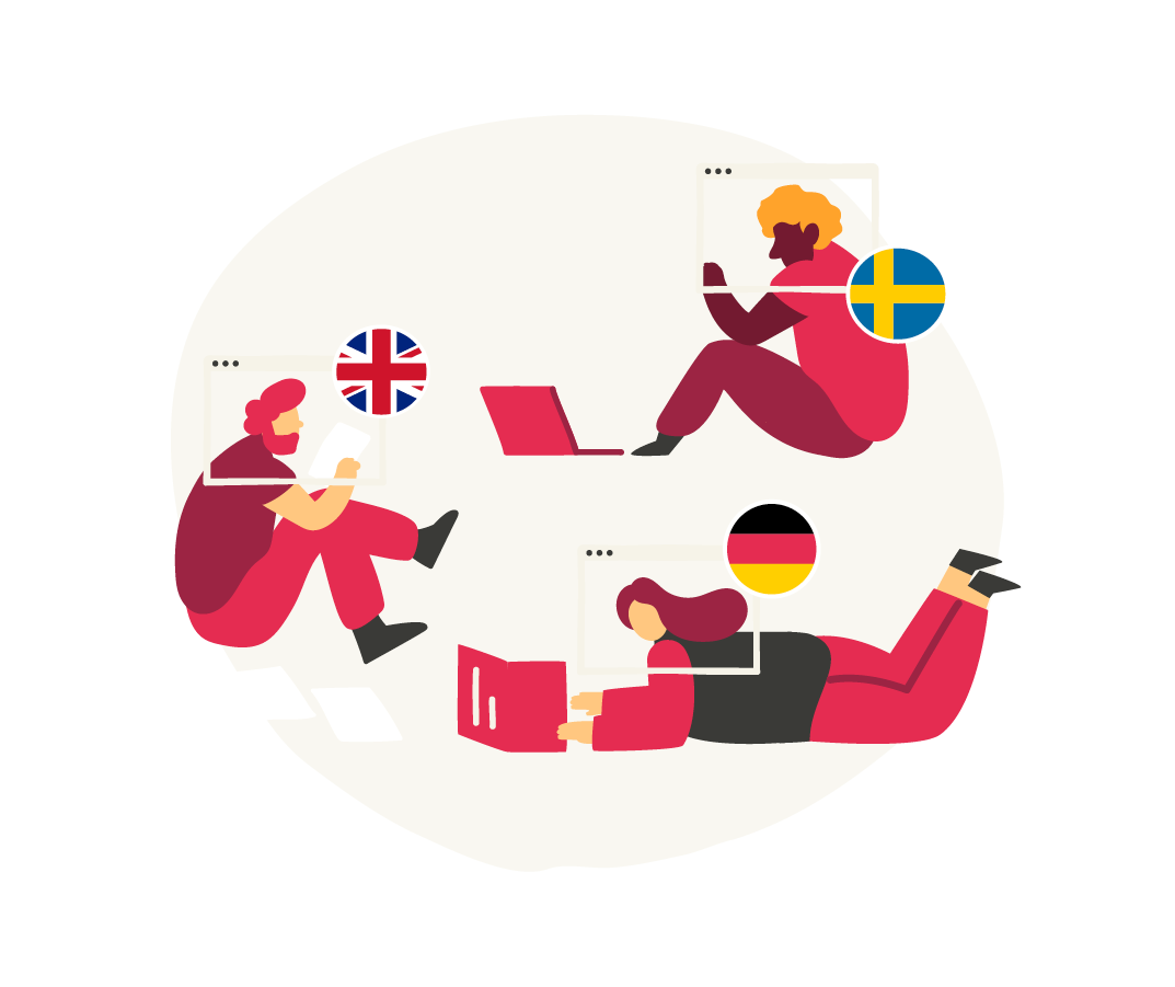 people studying and using laptops with flags from the UK, Sweden, and Germany above, illustrative figures engaging in online learning