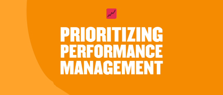 prioritizing performance management, orange background with upward trend icon
