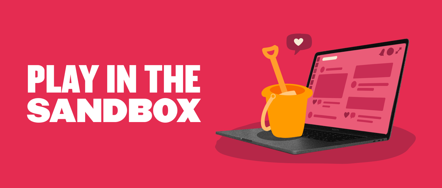 play in the sandbox, laptop with a bucket and shovel design on a bright background