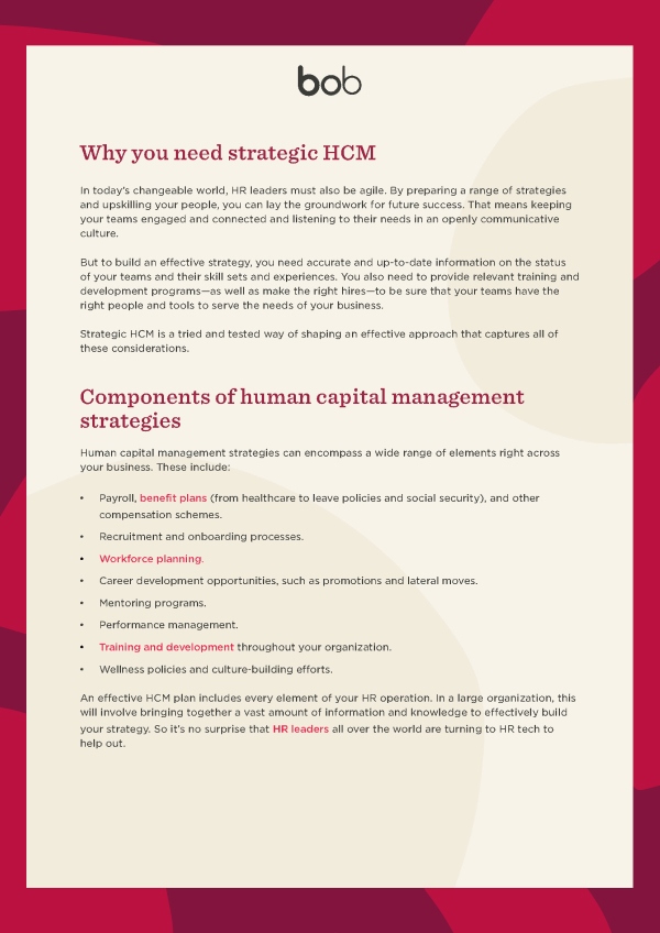 A screenshot of HiBob's human capital management (HCM) strategy checklist template