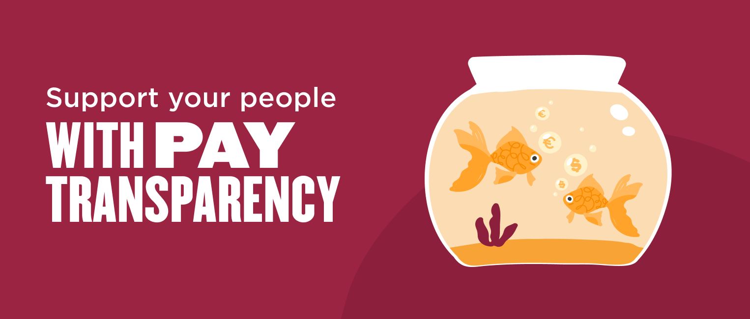 support your people with pay transparency goldfish bowl illustration, goldfish bowl with currency symbols in bubbles
