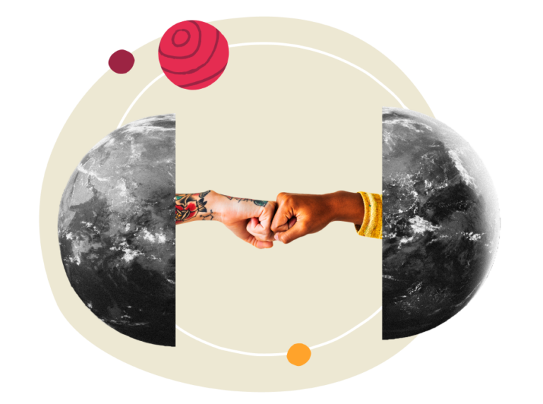 hands punching fists, earth and planets symbolizing unity and collaboration