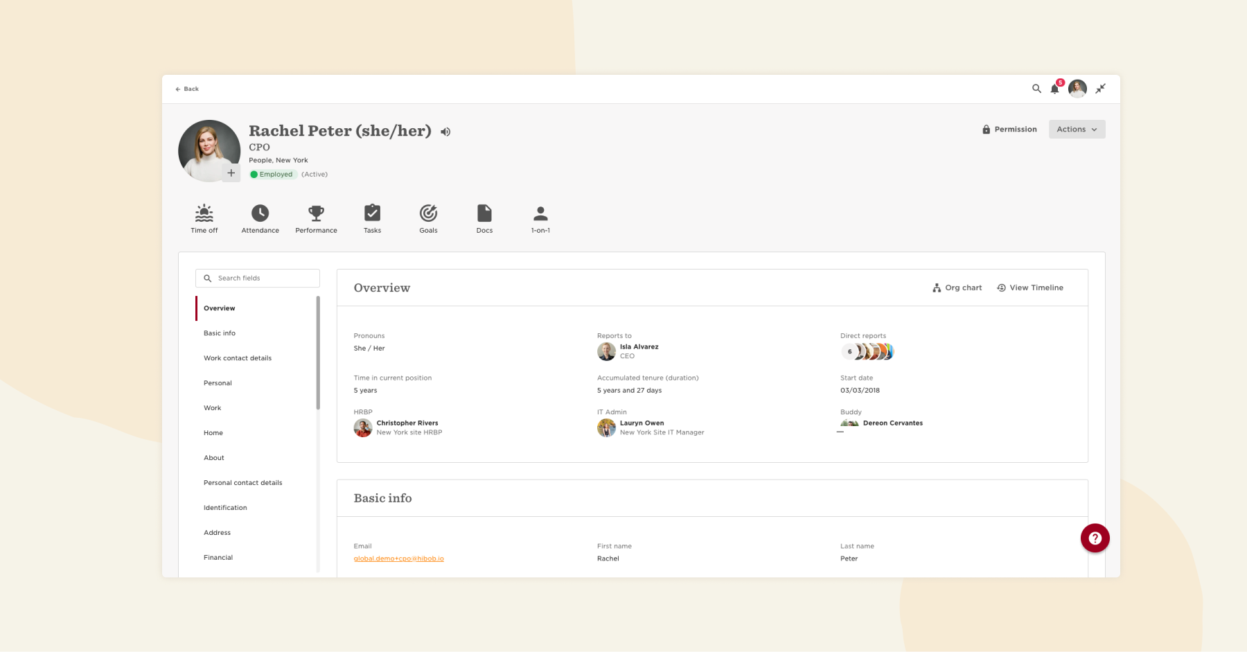 Rachel Peter profile overview with contact info, tenure details, and direct reports on a light background. | Employee dashboard, Profile summary and details of Rachel Peter’s employment