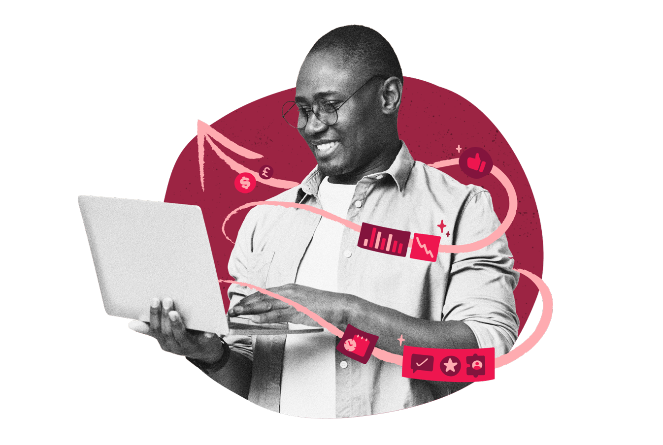 person using laptop, data charts and icons representing finance and analytics