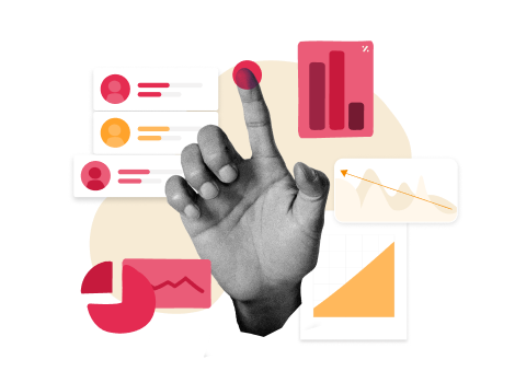 hand reaching towards data charts and graphs, visual representation of analytics and metrics in a business context