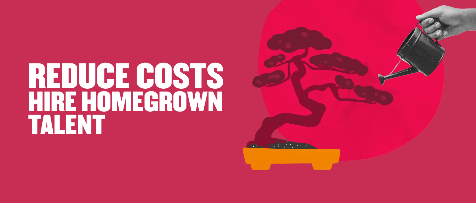 reduce costs hire homegrown talent pink background bonsai tree watering can, business growth creativity homegrown talent