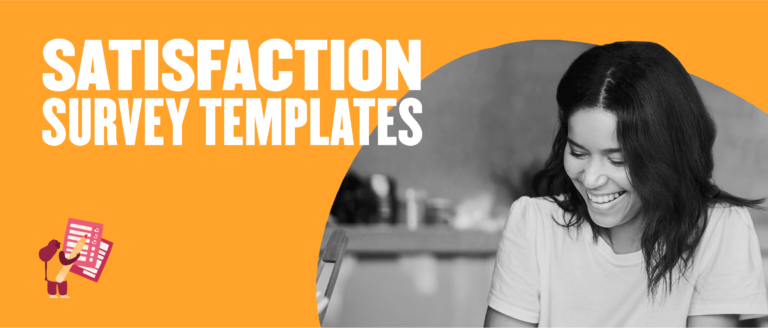 satisfaction survey templates, smiling woman working on feedback in bright orange and black graphic design