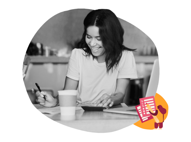 smiling woman working on documents with coffee and laptop, showcasing productivity in a cozy workspace, work-from-home, productivity