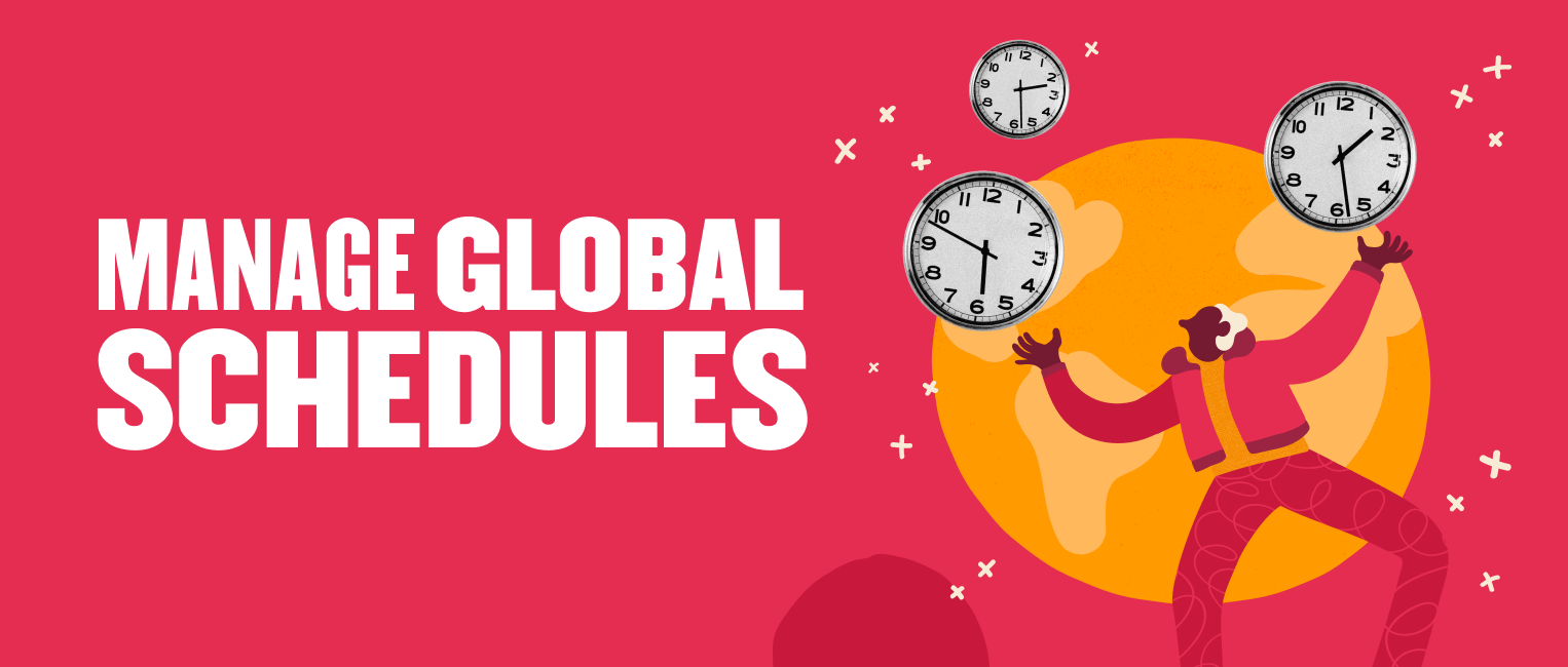 manage global schedules, person juggling clocks on vibrant background