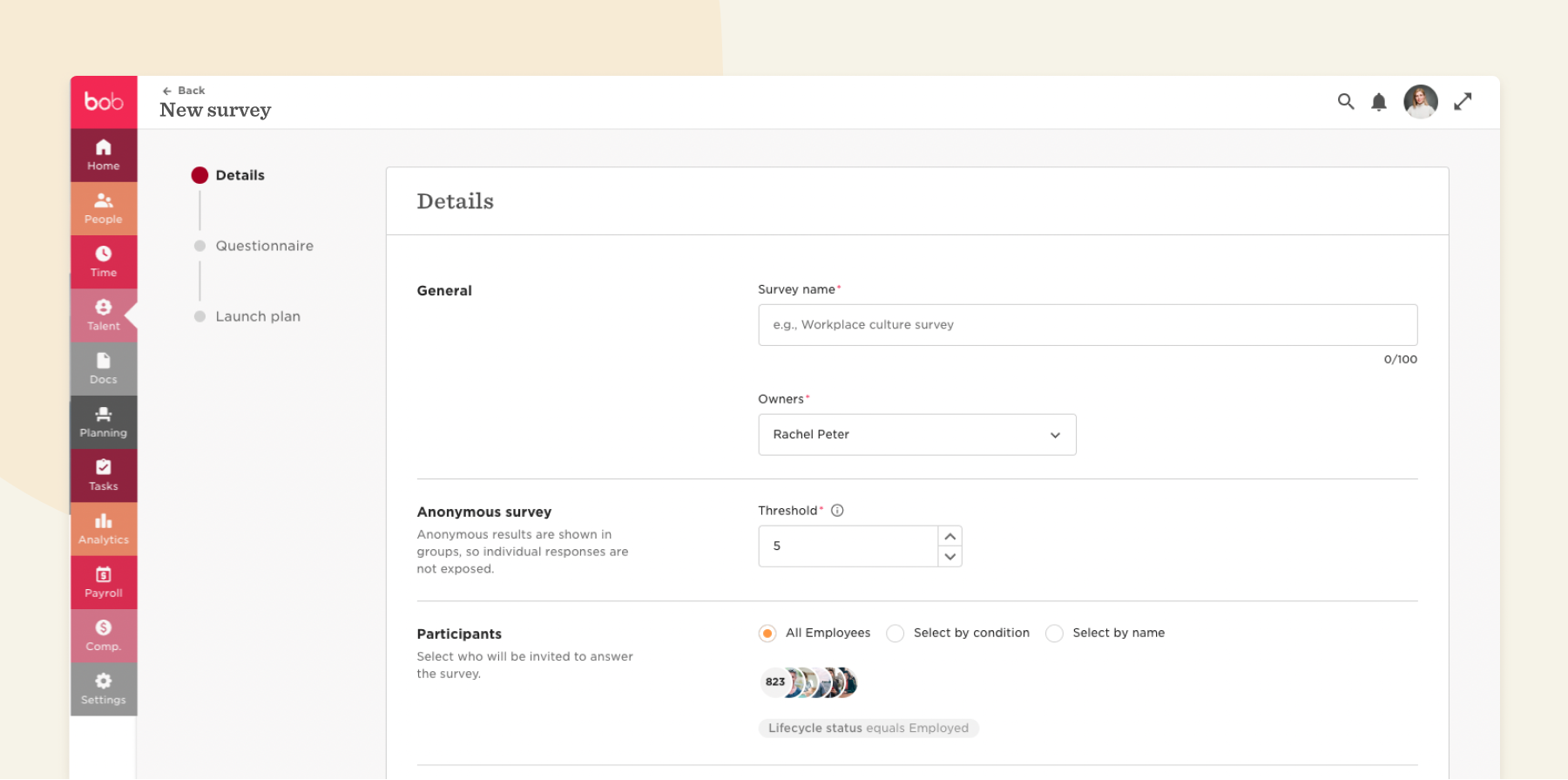 new survey interface with fields for survey name, owner selection, anonymous response options, and participant settings, user-friendly survey design with clear sections for details and participation criteria