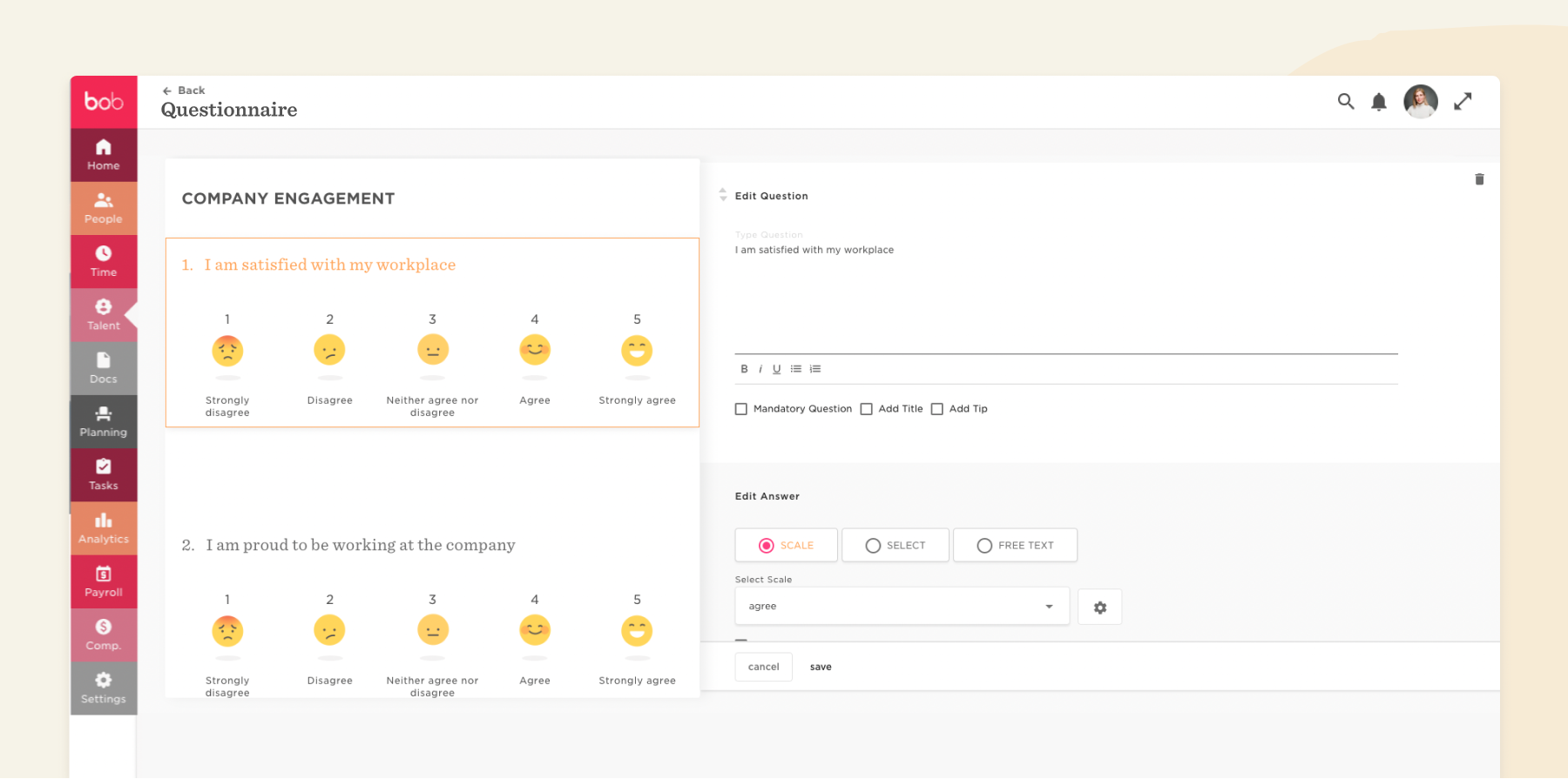 bob, questionnaire, company engagement, employee satisfaction scale