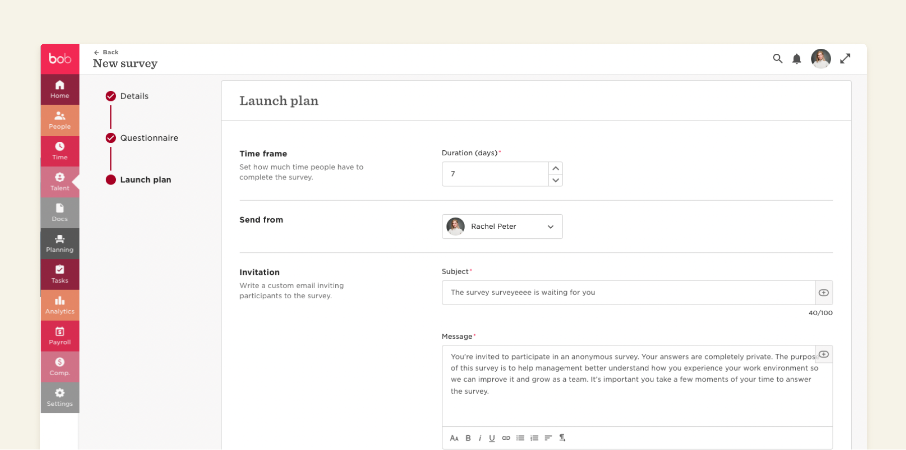 new survey launch plan interface featuring time frame, sender, and customizable invitation elements, survey tool layout with duration and message input options