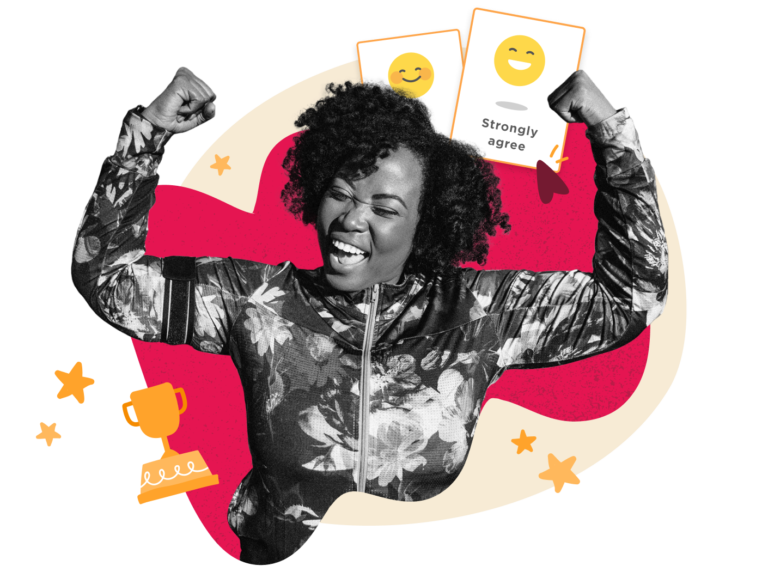 celebrating victory with raised fists, wearing floral athletic wear, surrounded by cheerful icons and trophy design, happy athlete expressing strong emotions with vibrant background elements