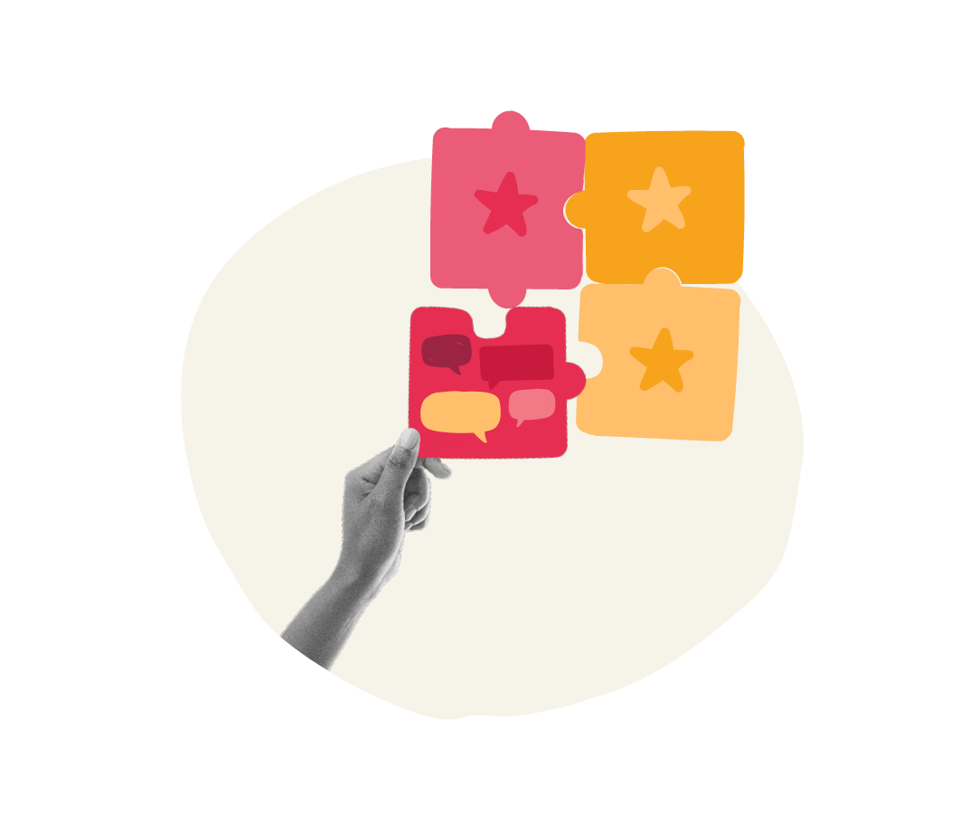 hand holding colorful puzzle pieces with speech bubbles and stars, vibrant puzzle pieces symbolizing communication and collaboration
